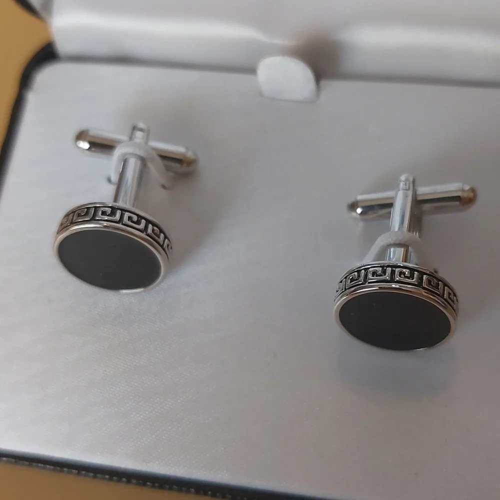 Saddlebred Greek Key Pattern Black Enameled Silver Tone Cuff Links